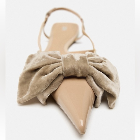 Zara Patent Pointed toe Flat Slingback Shoes Velvet Bow Tan 6.5 37 NWT - Picture 8 of 15